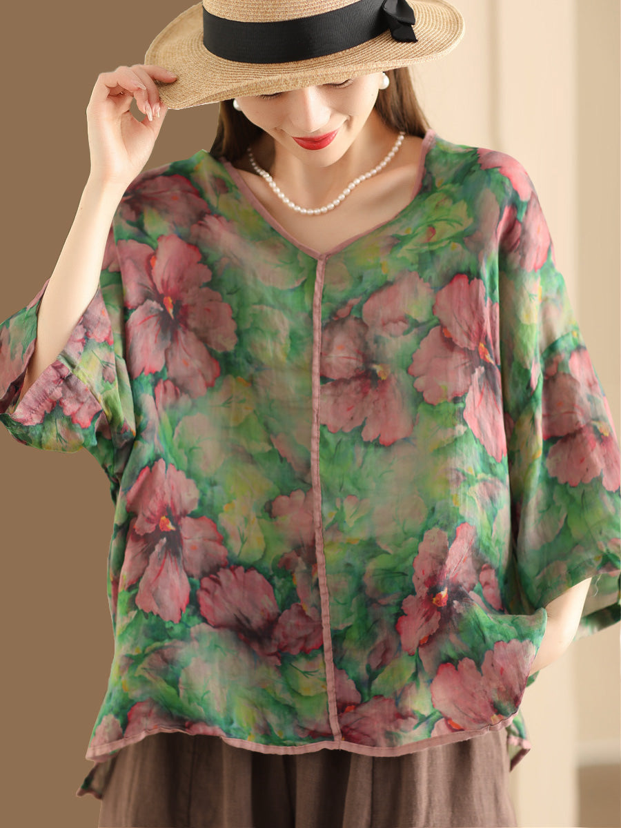 Women Vintage Floral V-Neck Linen Summer Shirt XX1014