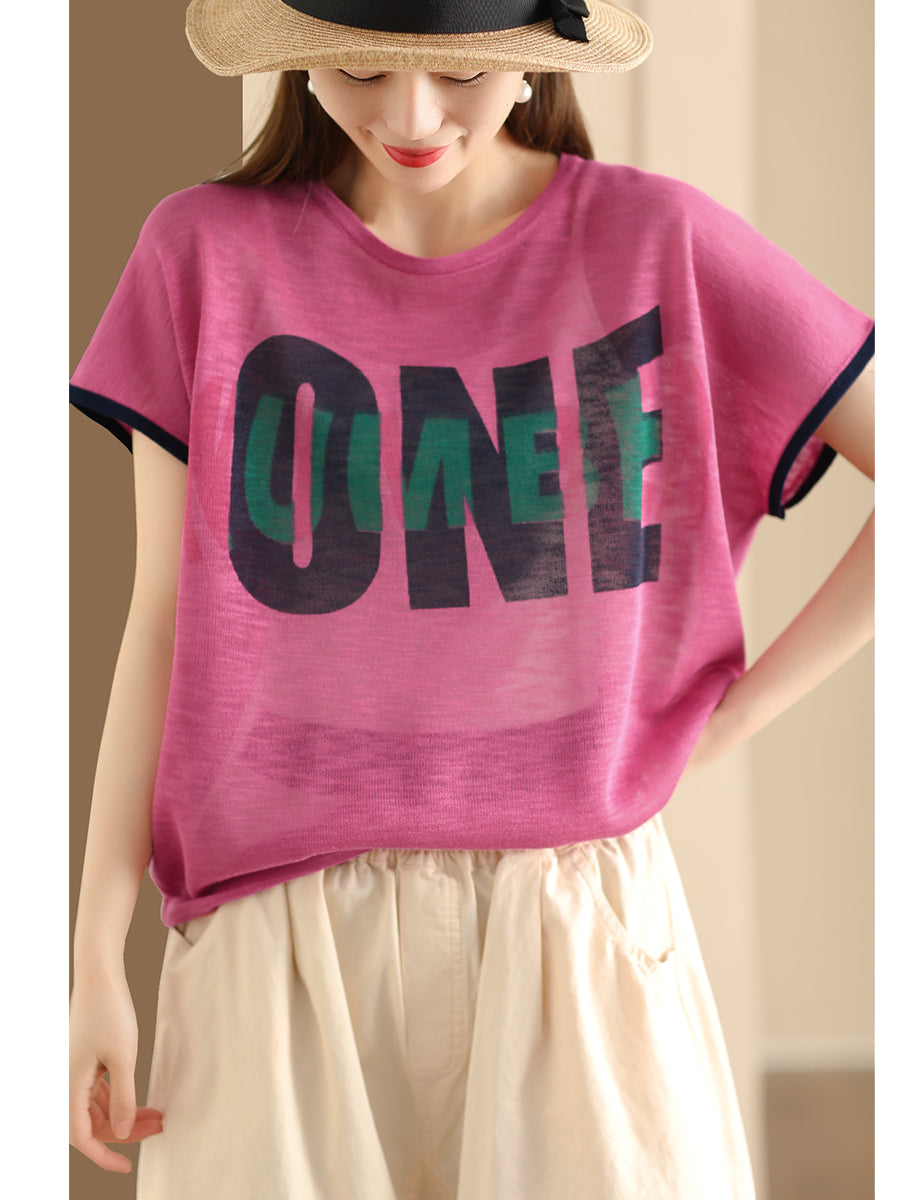 Women Summer Letter Printing Knitted Loose Shirt OP1049