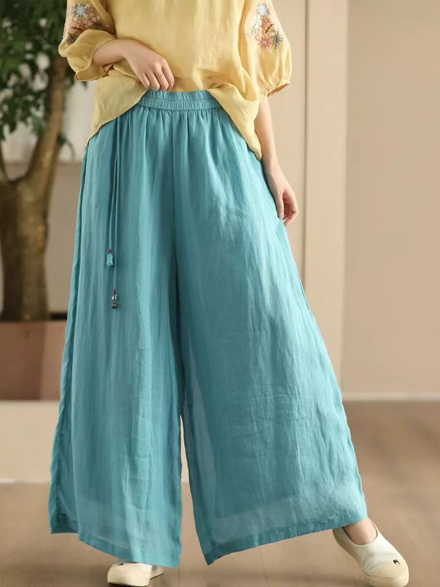 Women Summer Dual-layer Wide-leg Ramie Pants FD049