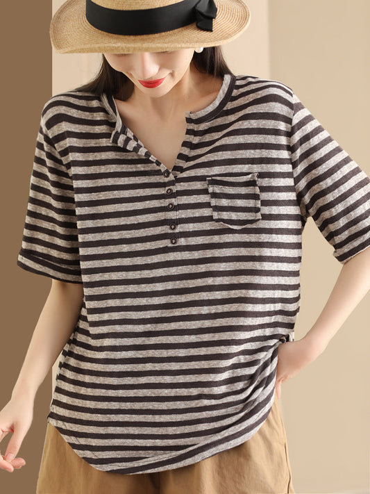 Women Sumer Casual Stripe V-Neck Button Shirt II1019