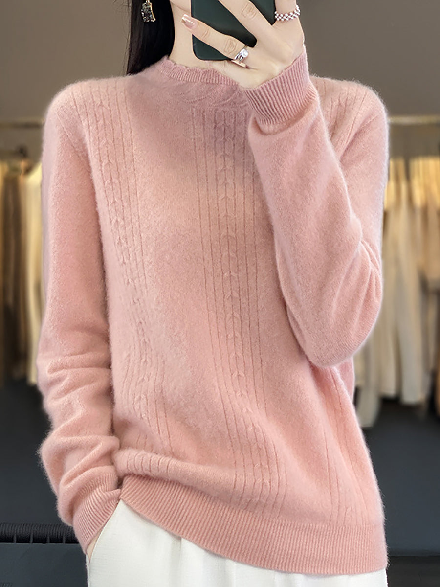 Women Autumn Solid Cable Knit 100%Wool Half Turtleneck Sweater QN028