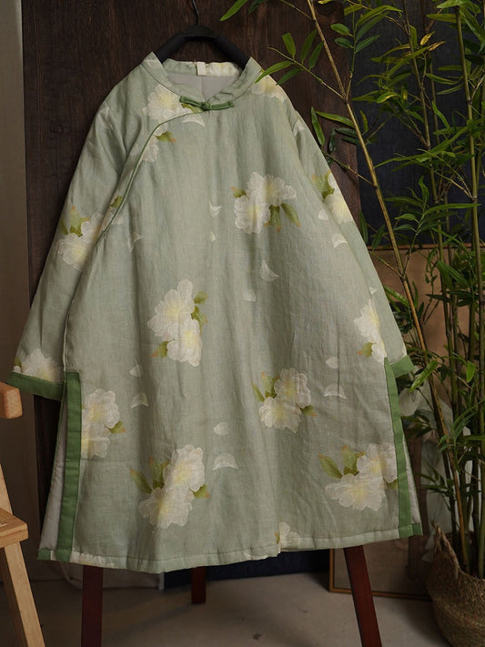 Women Autumn Retro Flower Linen Split Hem Coat AX1066