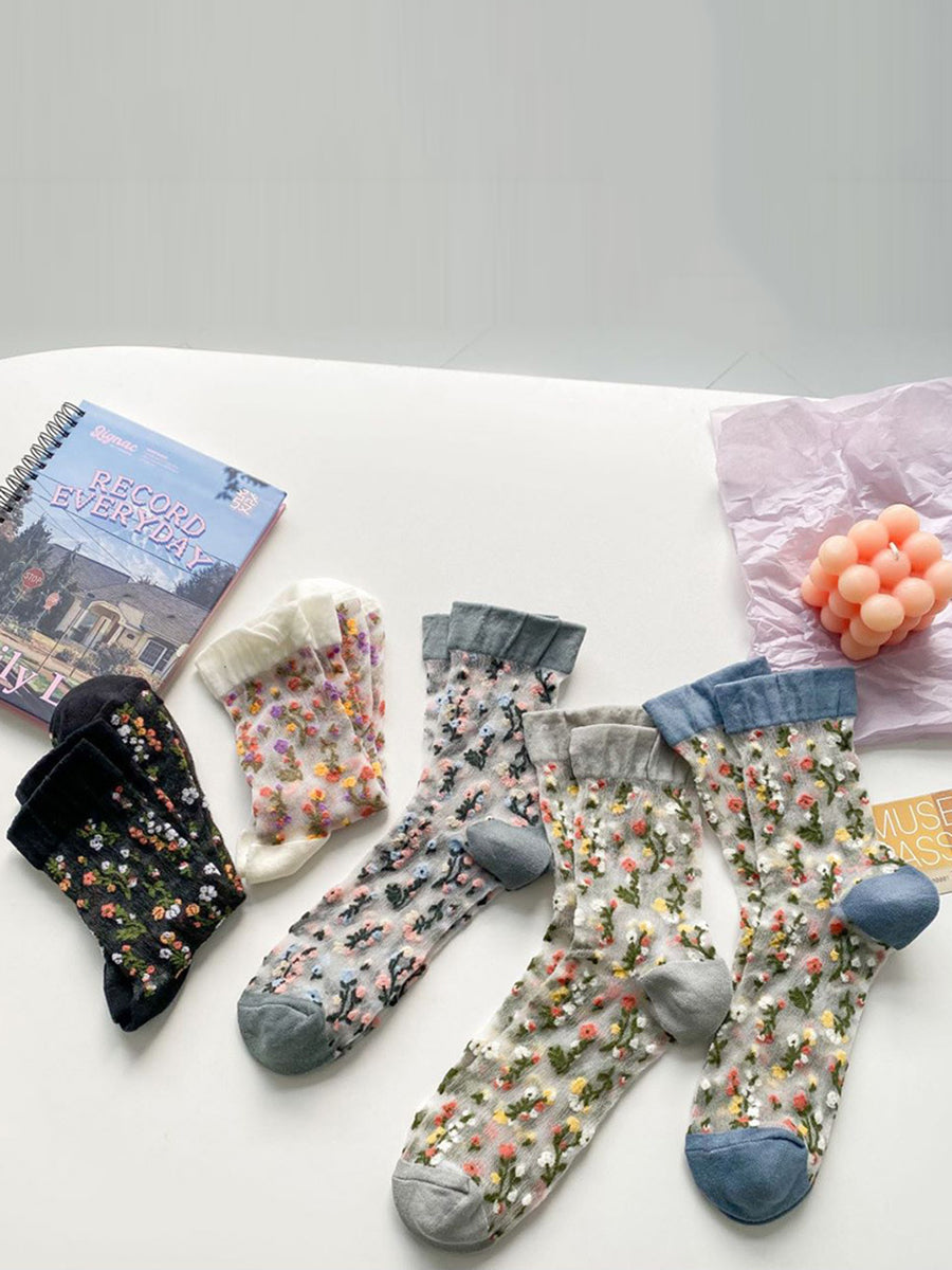 5 Paar dünne Damensocken mit Blumen-Jacquardmuster FG1017