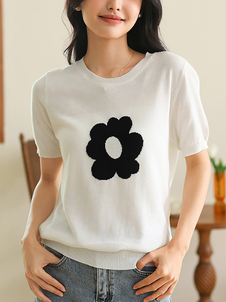 Women Summer Casual Flower Knitted Shirt KL1038