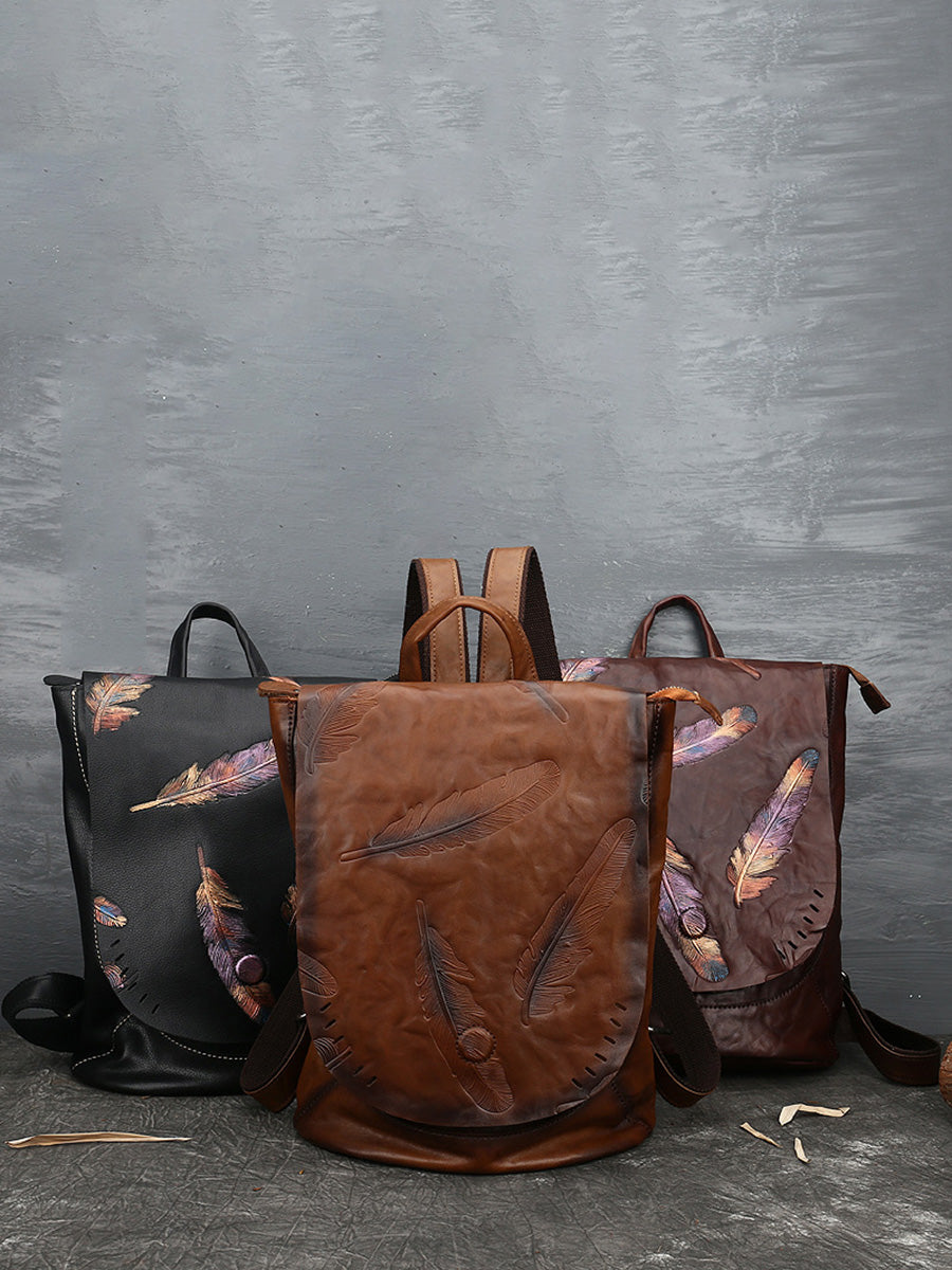 Women Vintage Leather Feather Embossing Backpack