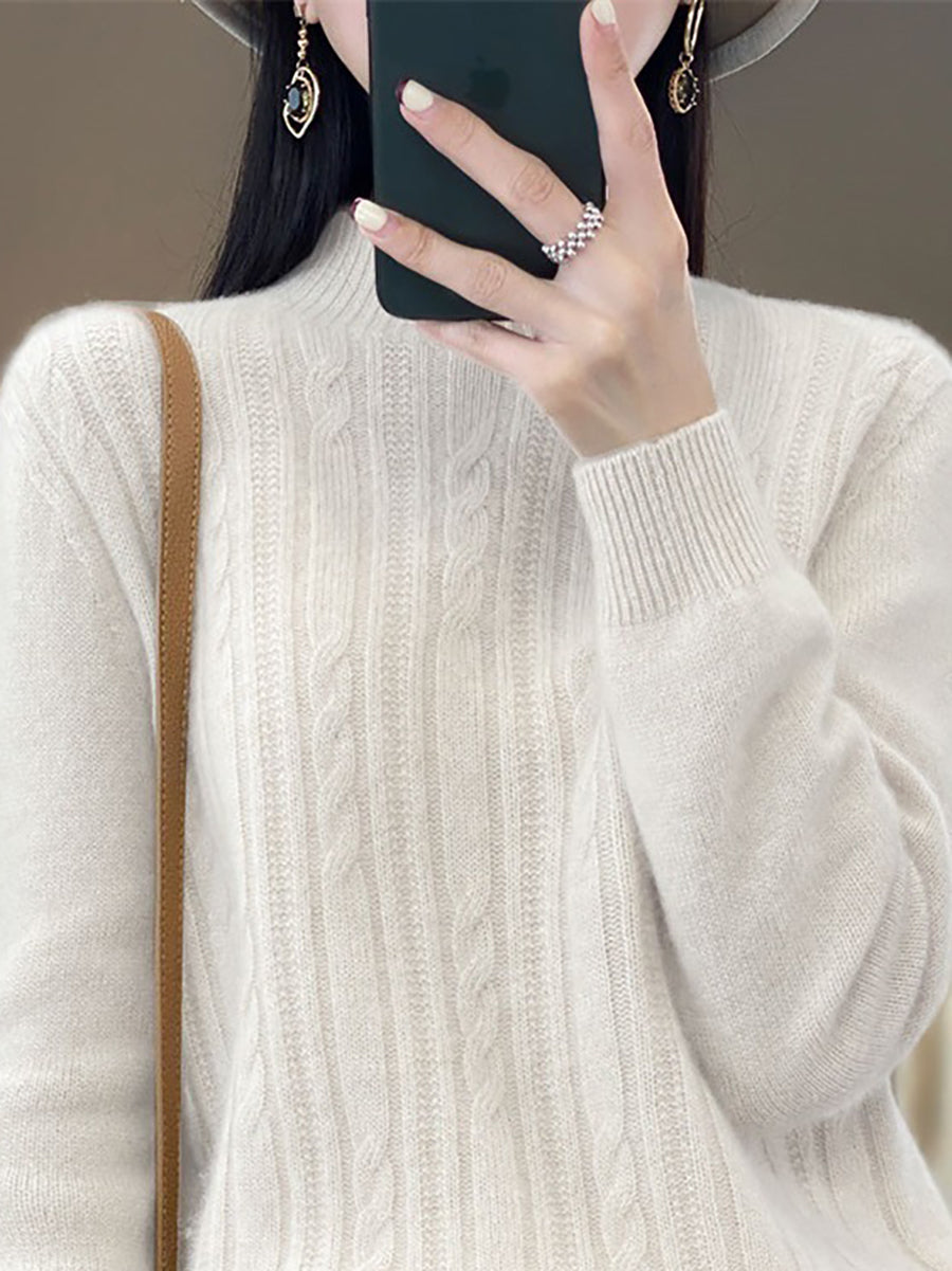 Women Autumn Solid Cable Knit 100%Wool Half Turtleneck Sweater QN027