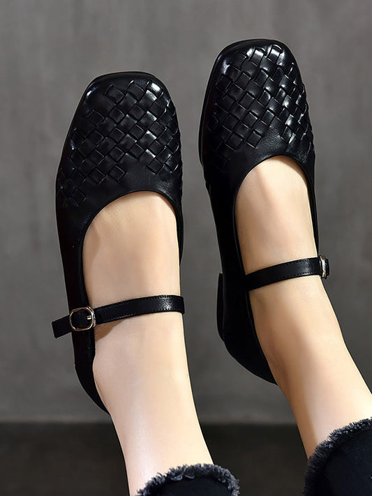 Chaussures d'été décontractées en cuir tressé à talons bas pour femmes LL004