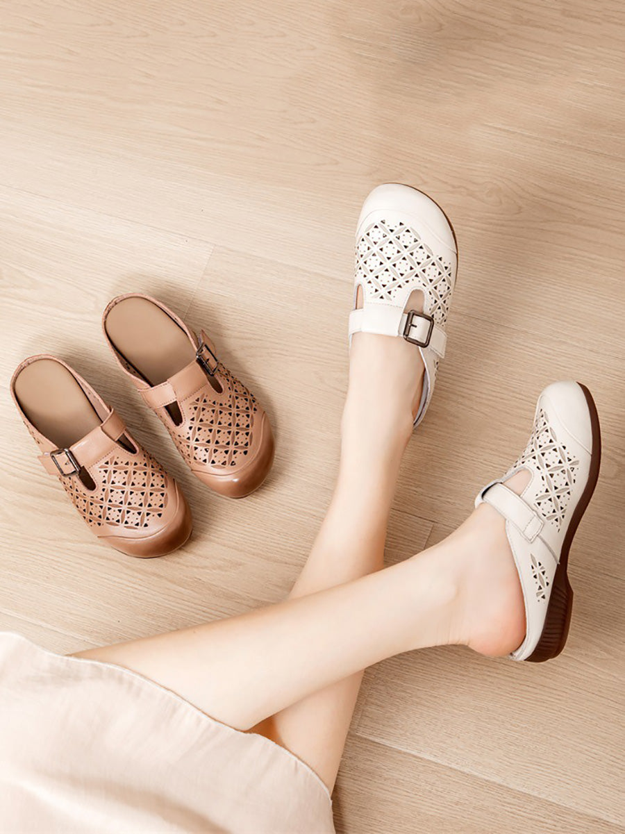 Women Leather Hollow Vintage Shoes Low Genuine Out Heel