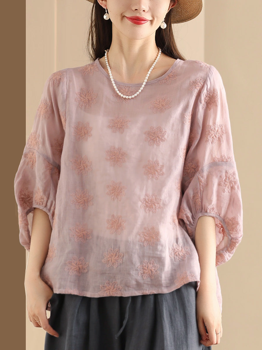 Women Summer Vintage Flower Embroidery Ramie Shirt PP1029