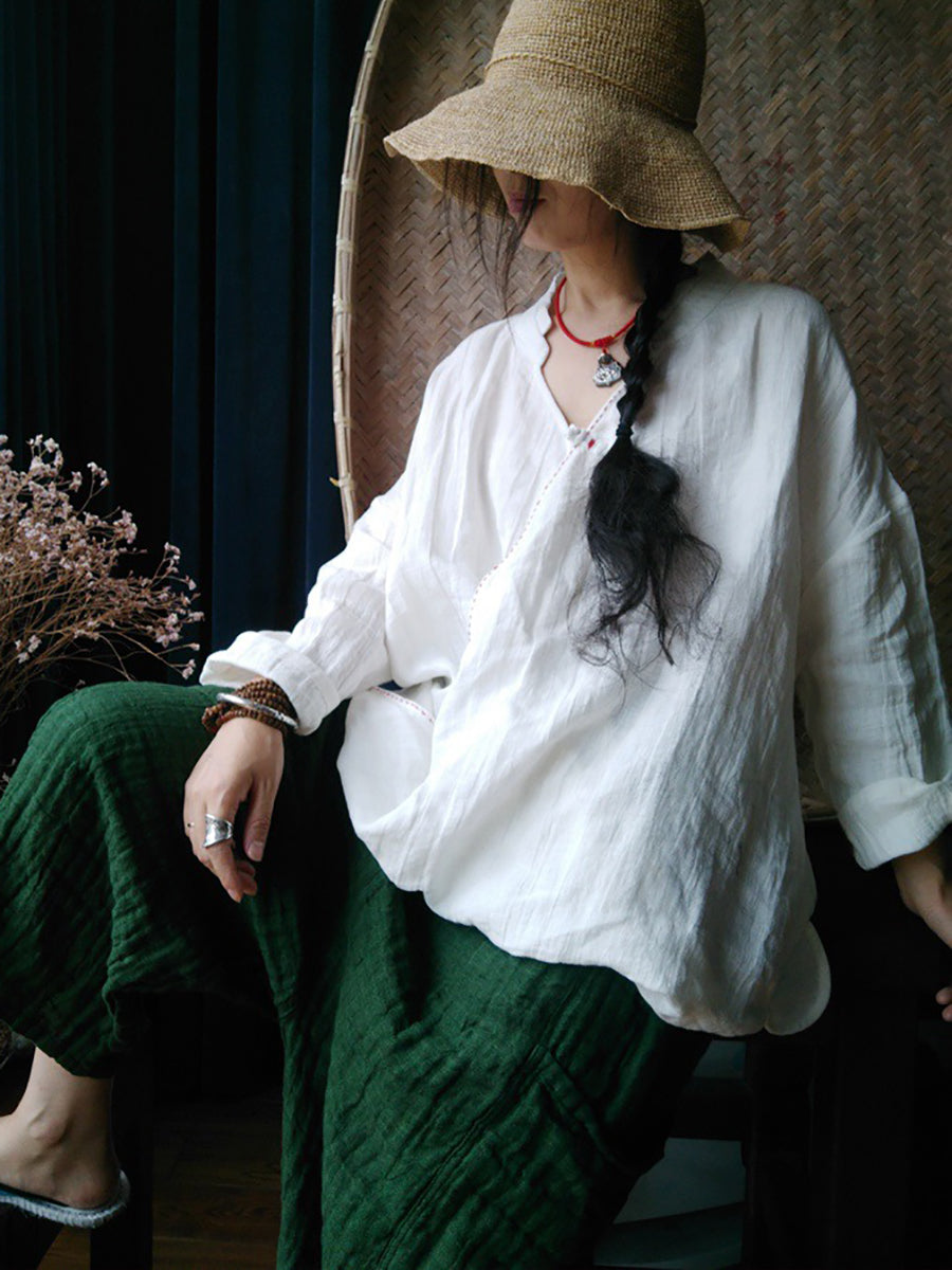 Women Vintage Summer Stitching Linen Shirt QW1034