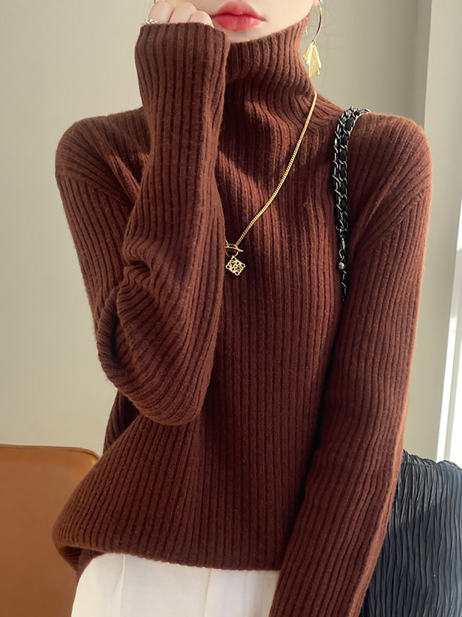 Women Autumn Casual Solid Turtleneck Wool Knit Sweater AX1086