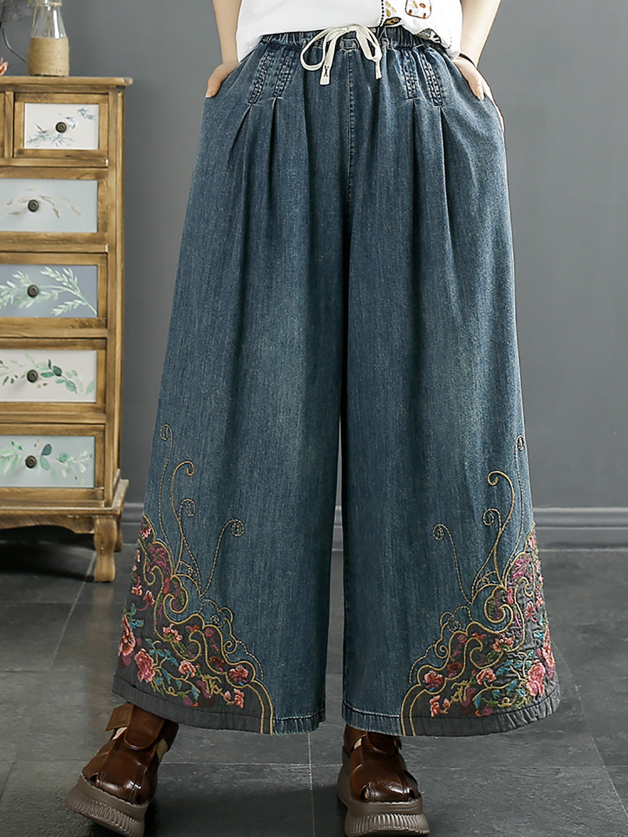 Pantalon en jean à jambe large avec broderie vintage pour femme KL1007