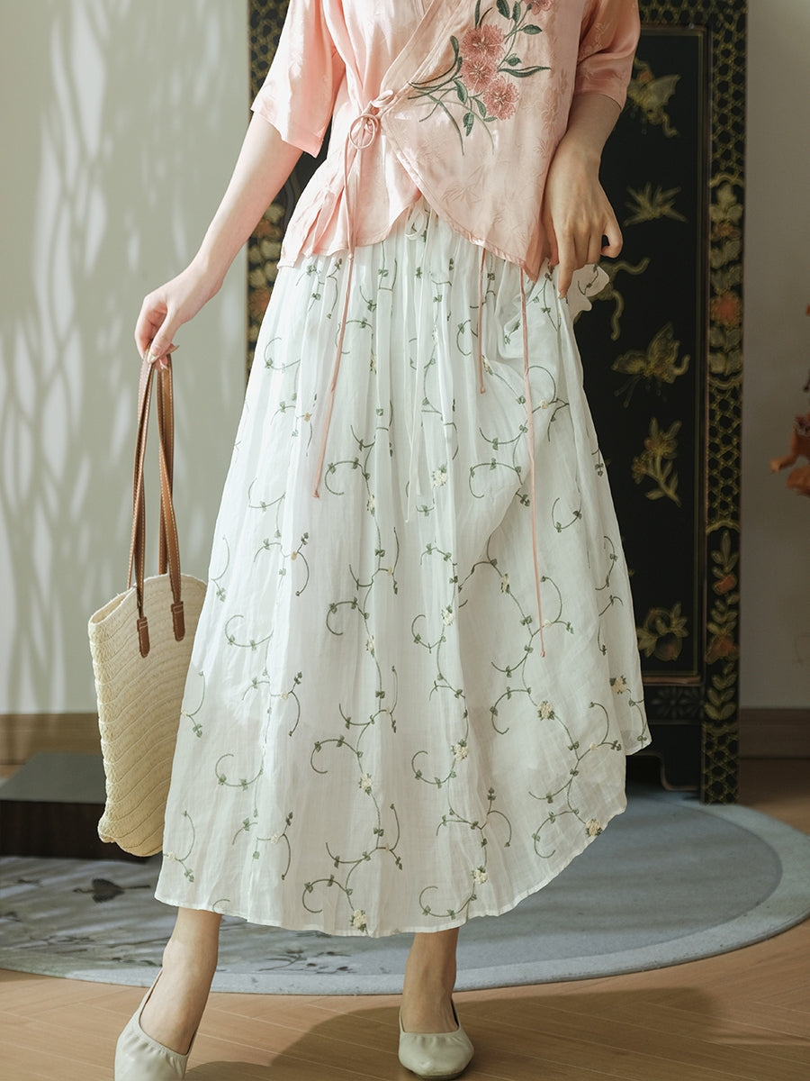 Women Summer Flower Thin Strap Linen Skirt RR1014