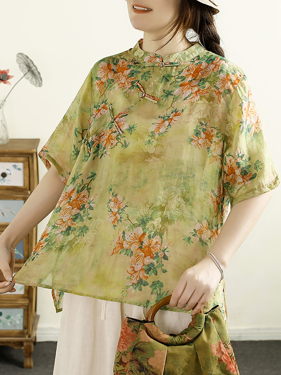 Damen Sommer Vintage Blumen Schnalle Ramie Shirt OO1043