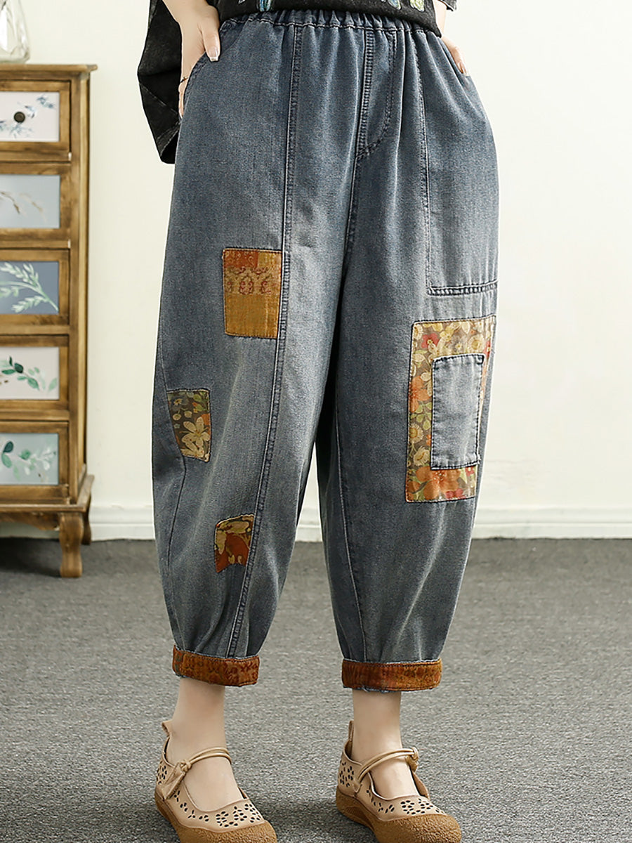 Women Summer Vintage Patch Spliced Denim Harem Pants HH040