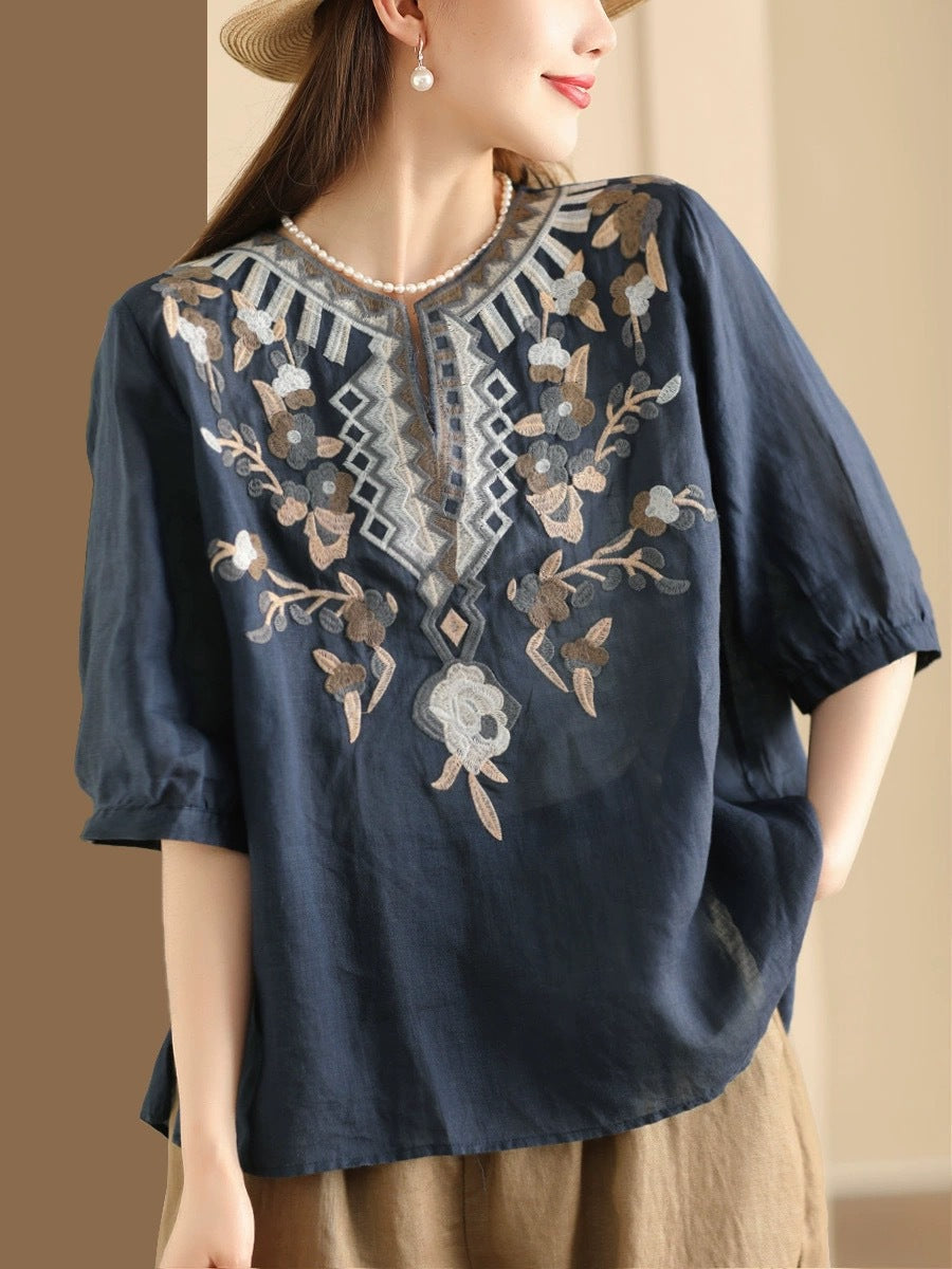 Women Summer Ethnic Flower Embroidery Ramie Shirt BN1009