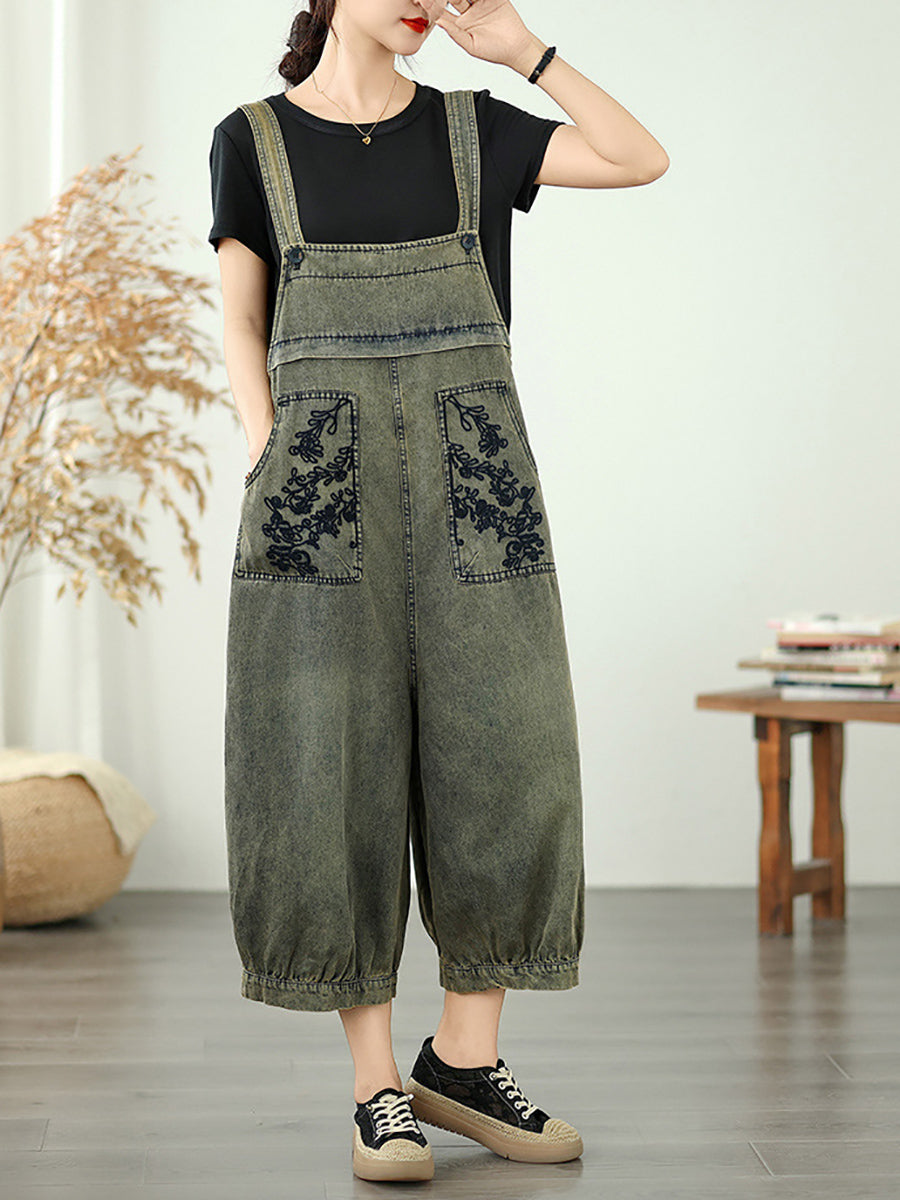 Women Flower Denim Summer Embroidery Jumpsuits Long