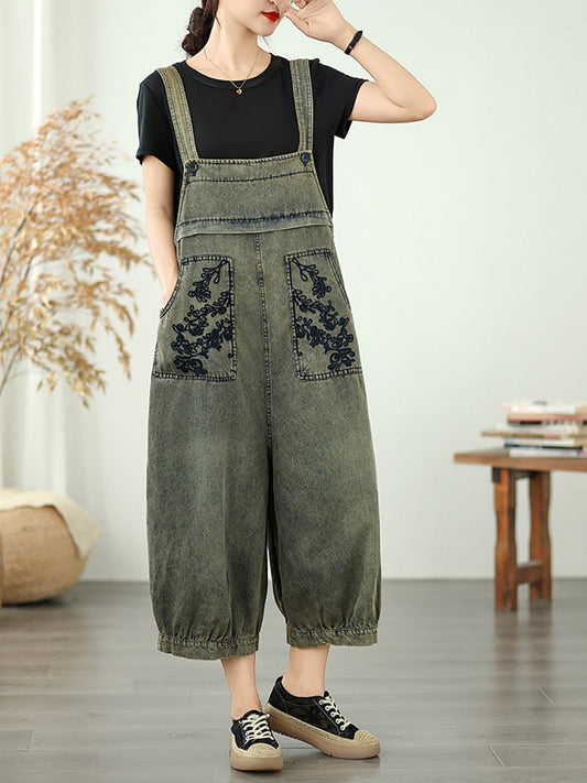 Women Flower Denim Summer Embroidery Jumpsuits Long