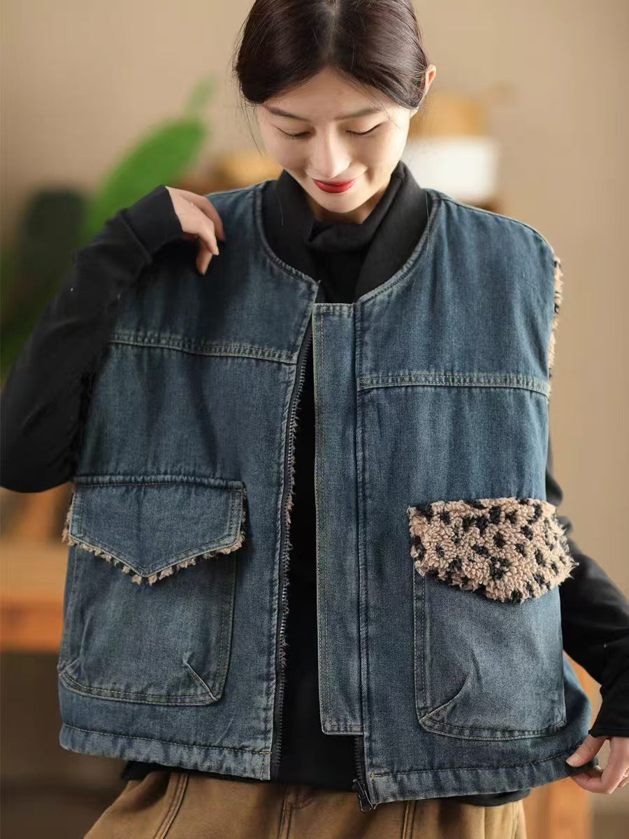 Women Autumn Retro Leopard O-Neck Dual-side Wearing Vest QN008