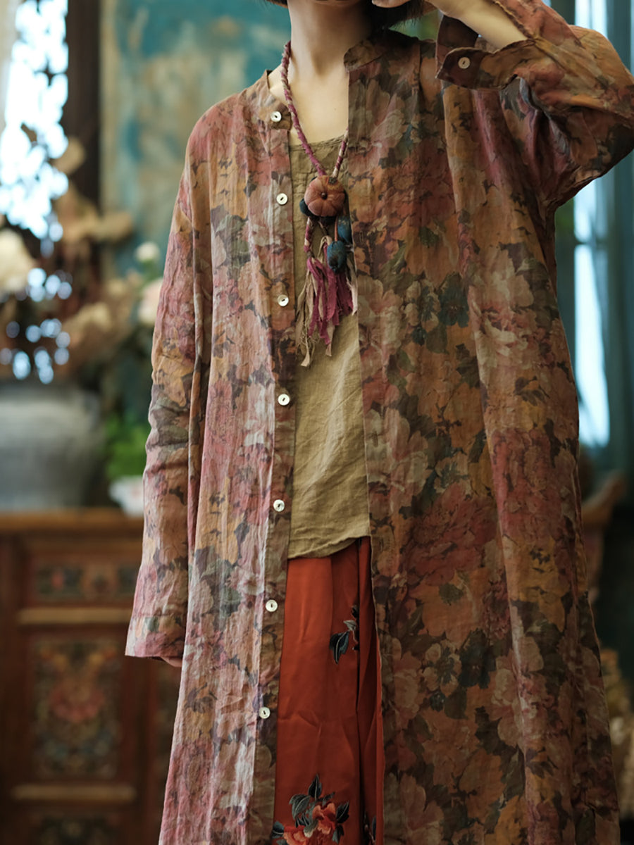 Women Vintage Floral Retro Ramie Button-up Long Shirt XX1002