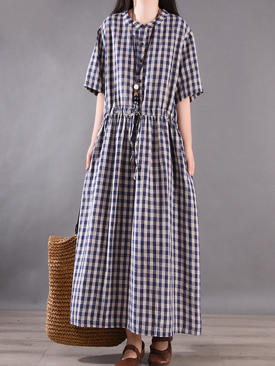 Women Summer Vintage Plaid Strap Linen Cotton Dress CV1036