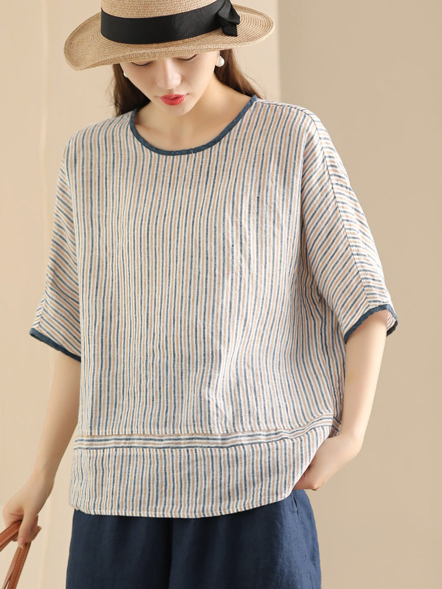 Women Summer Vintage Stripe Spliced Linen Shirt CV1052