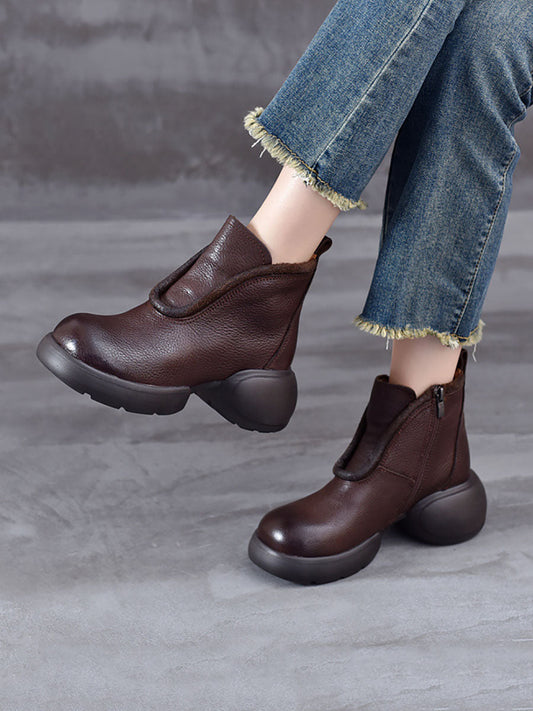 Women Winter Casual Solid Leather Zipper Platform Boots BA1023