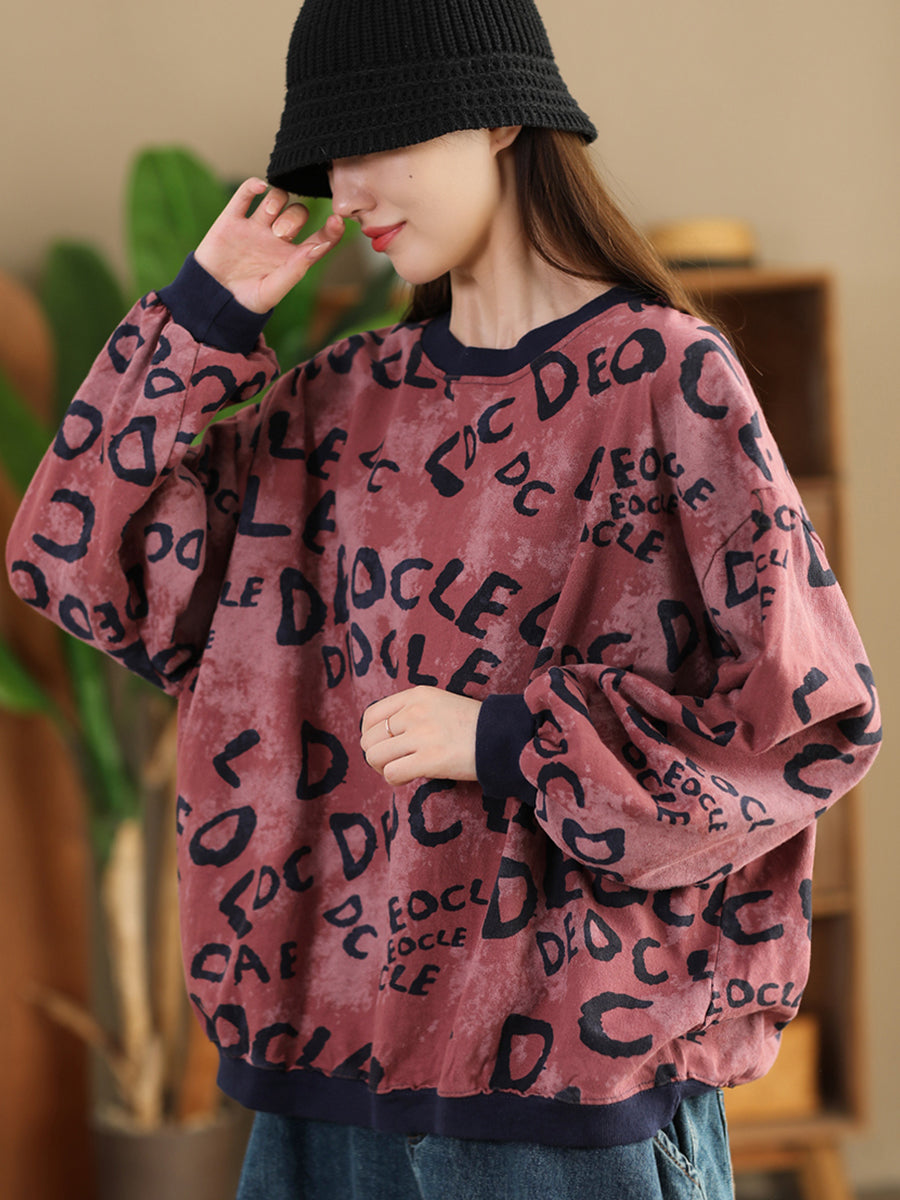 Women Winter Letter Print O-Neck Colorblock Sweatshirt AT1004