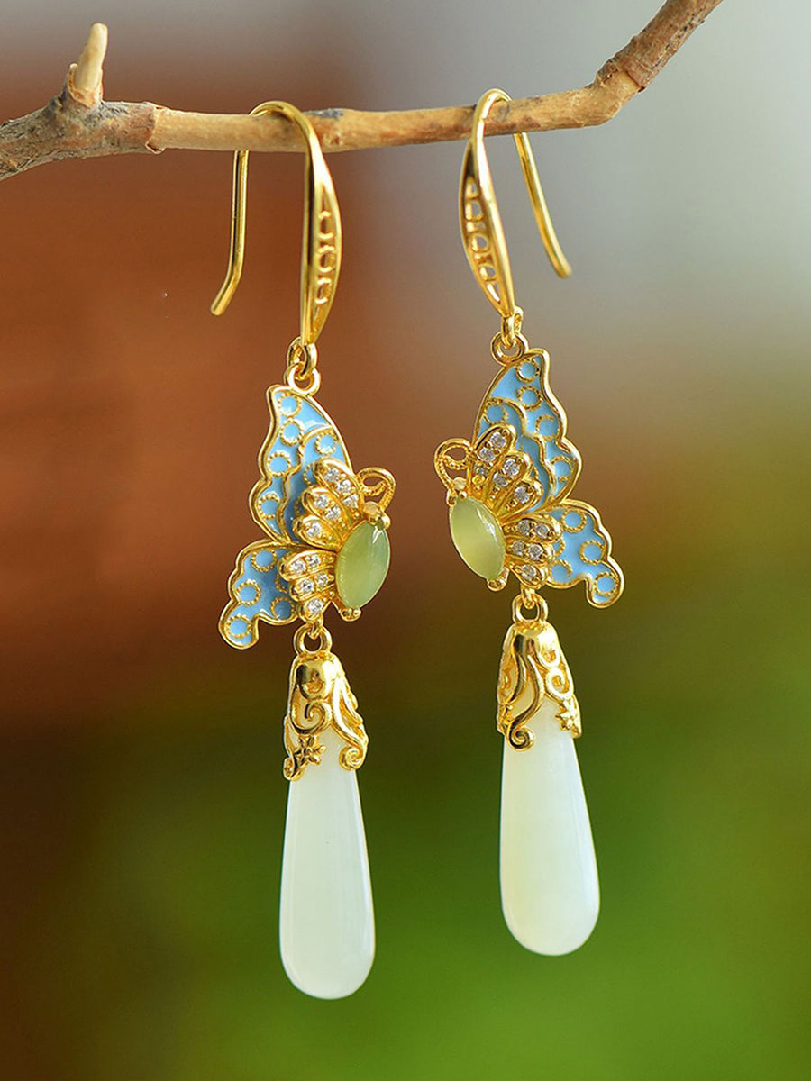 Ethnic Enamel S925Silver Butterfly Earrings Jade Women