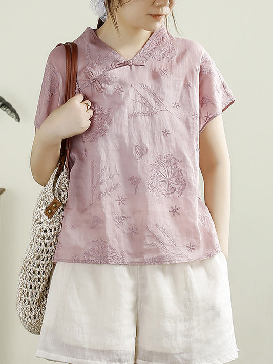 Women Summer Ethnic Flower Embroidery V-Neck Ramie Shirt CX029