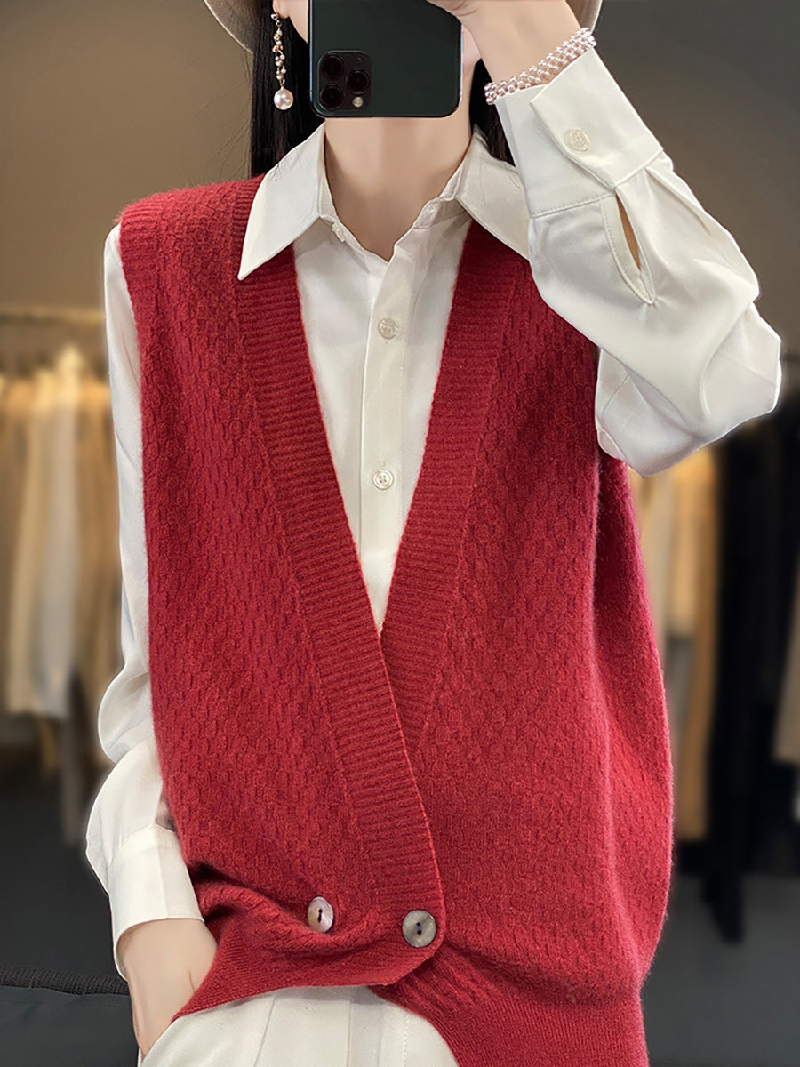 Women Casual Wool Solid V-Neck Irregular Hem Knit Vest AX1079