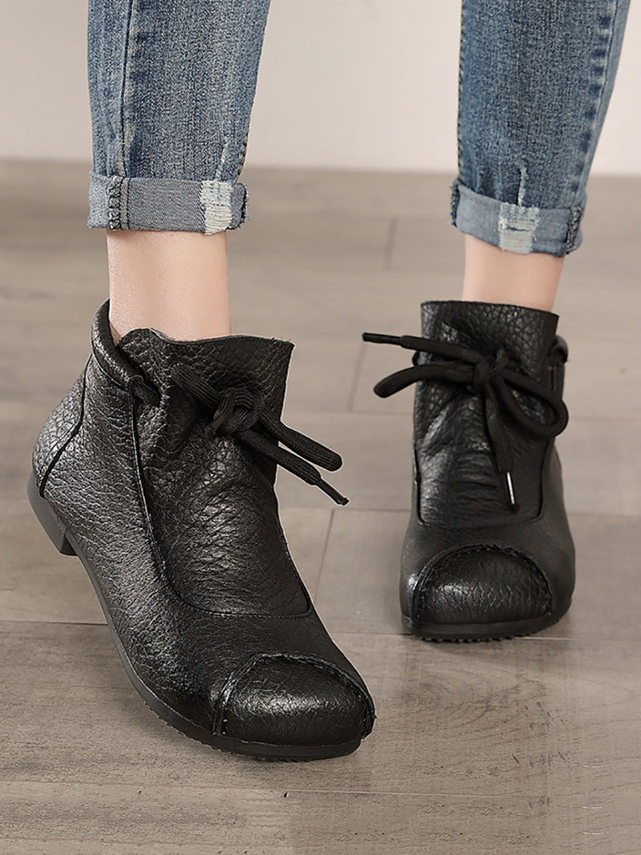 Women Retro Soft Leather Spliced Strap Low Heel Boots AX1009