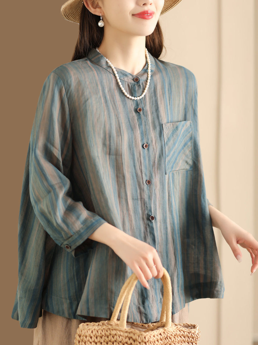 Women Spring Vintage Stripe Button-Up Blouse CO1007