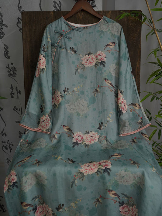 Women Autumn Vintage Flower Ramie Blue  Robe Dress AX1004