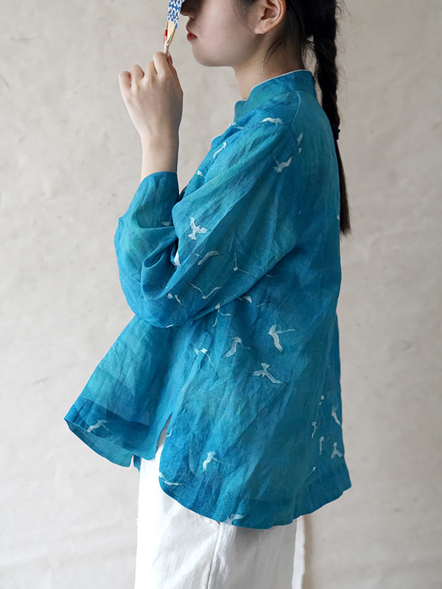 Women Ethnic Crane Spring Linen Shirt QW1004