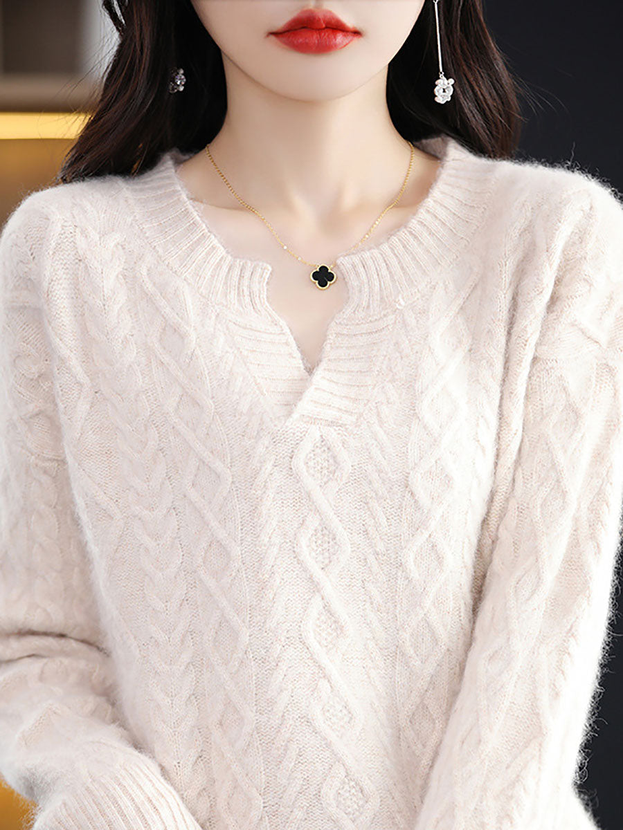 Women Autumn V-Neck Wool Twist Knit Sweater AX1030