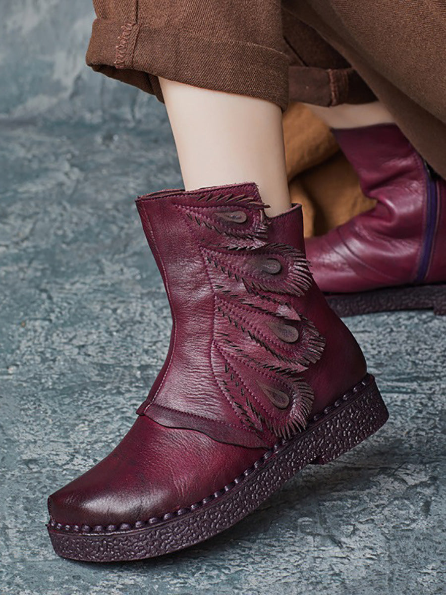 Women Vintage Leather Feather Shape Spliced Ankle Boots AX1063