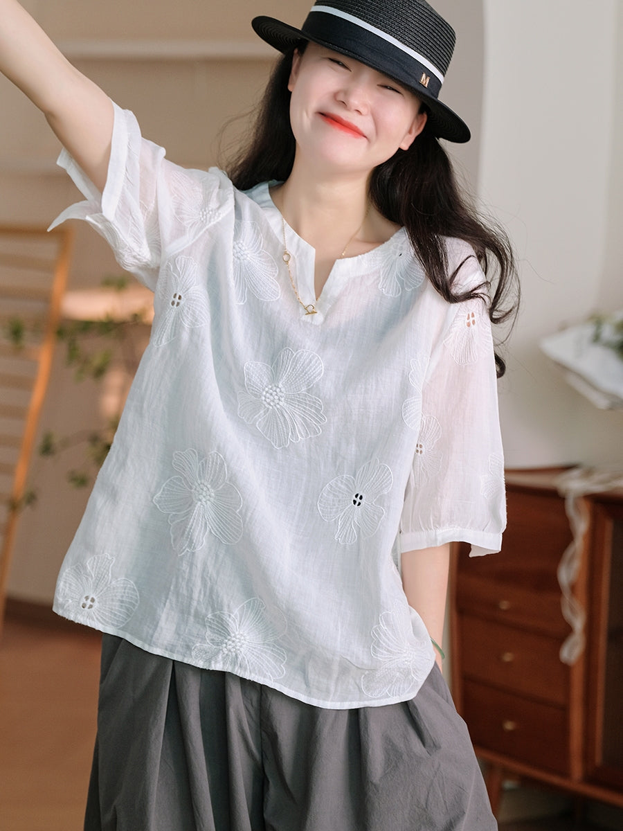 Women Summer Artsy Flower Embroidery Ramie Shirt TY1036