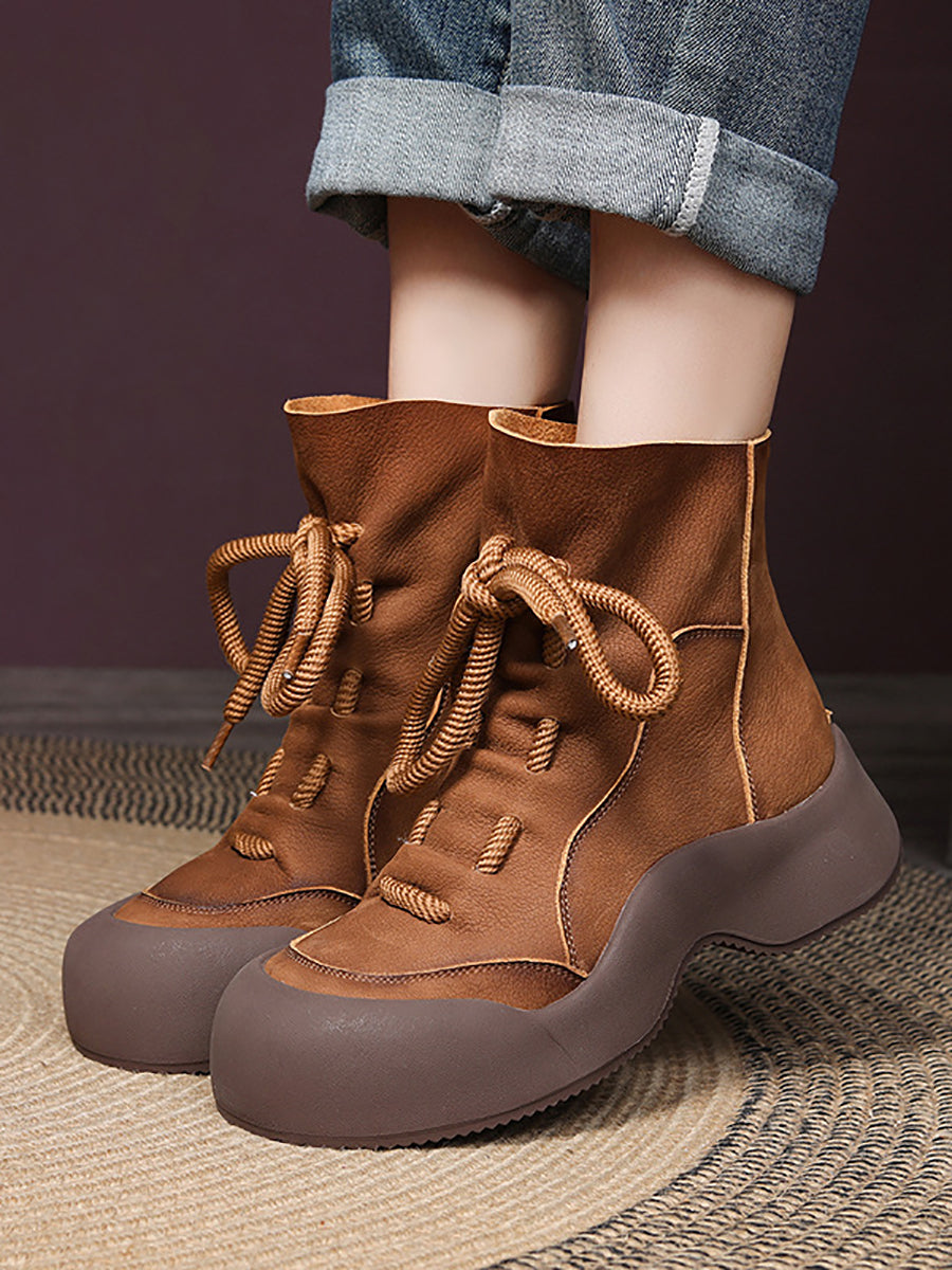 Women Winter Vintage Soft Leather Spliced Platform Boots WG001