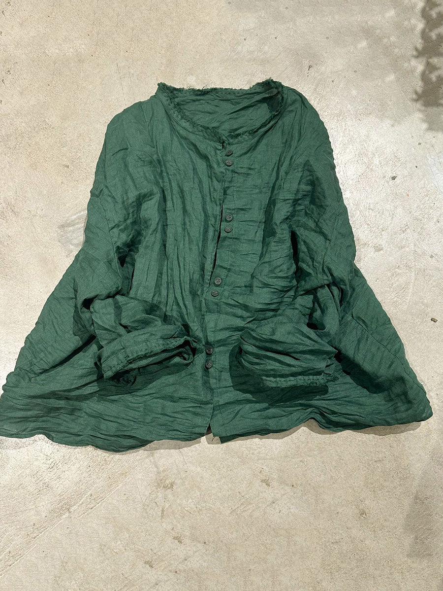 Blouse Vintage Women Collar Stand Ramie Solid Loose