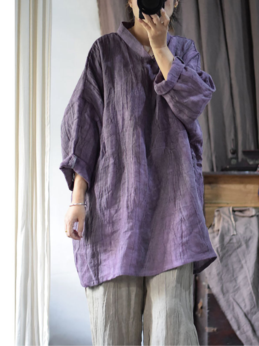 Women Vintage Solid Linen Loose Long Blouse KL1033