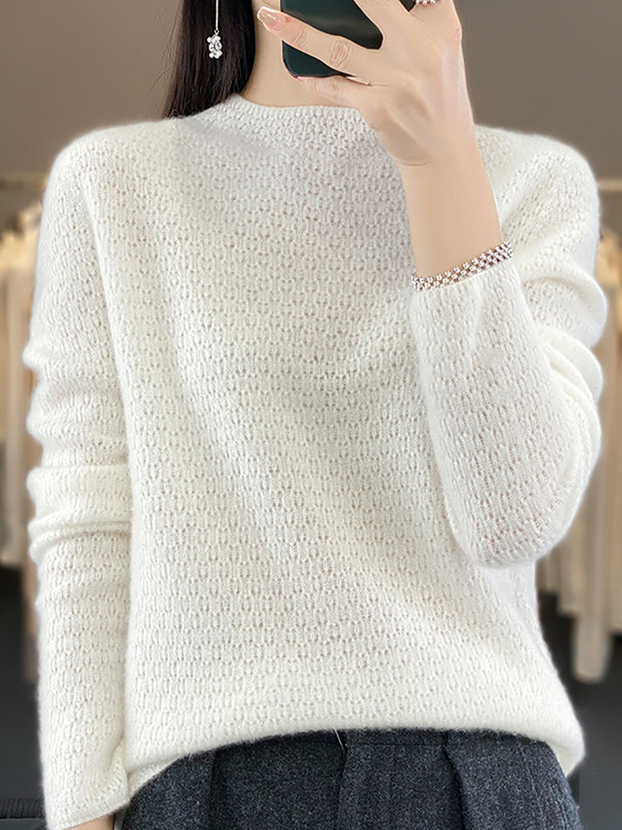 Women Autumn Casual Solid Knit 100%Wool O-Neck Sweater WU010