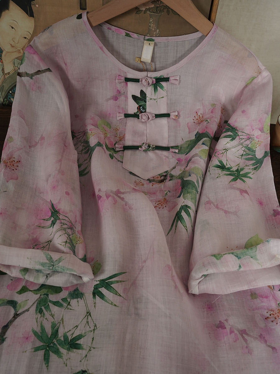 Chemise d'été à boucle en ramie à fleurs ethniques pour femmes PA1015