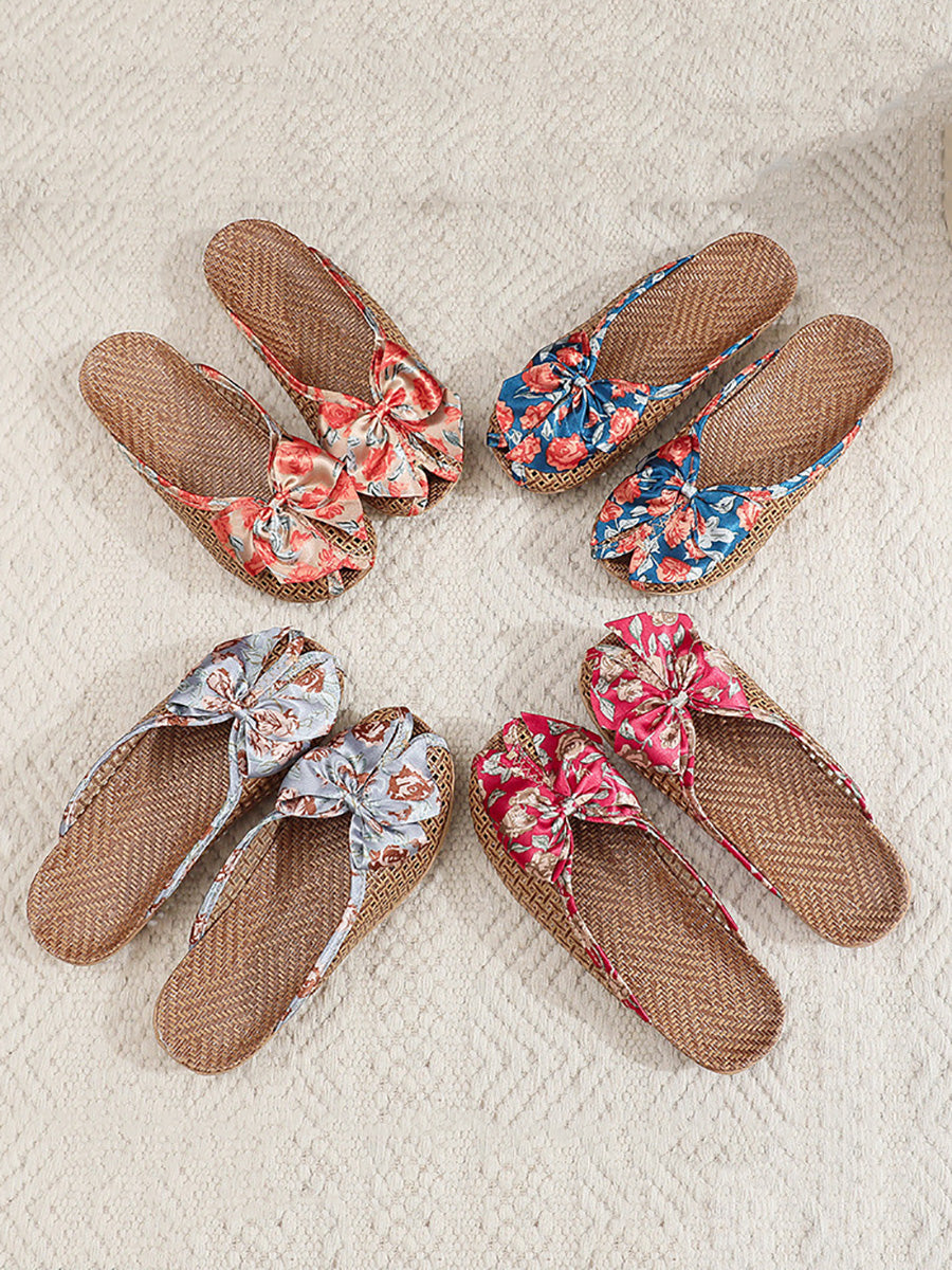 Indoor Weave Slippers Women Straw Flower Ethnic Bowknot
