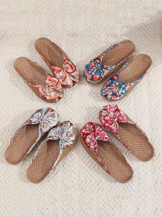 Indoor Weave Slippers Women Straw Flower Ethnic Bowknot