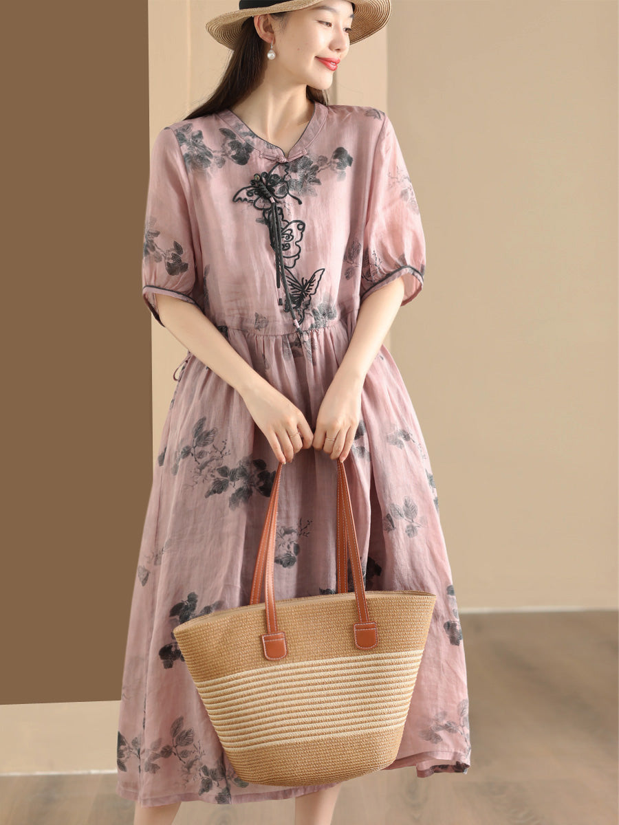 Women Summer Vintage Butterfly Embroidery Ramie Dress PP1036