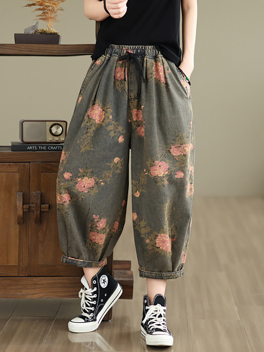 Women Summer Vintage Flower Denim Harem Pants LL034