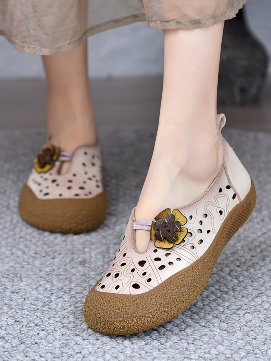 Fashion Women Flower Shoes Out Leather Flat Hollow