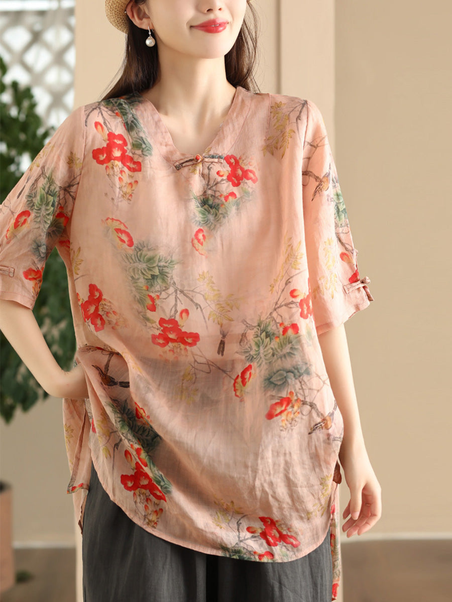 Women Summer Vintage Flower Buckle Ramie Long Shirt LL039