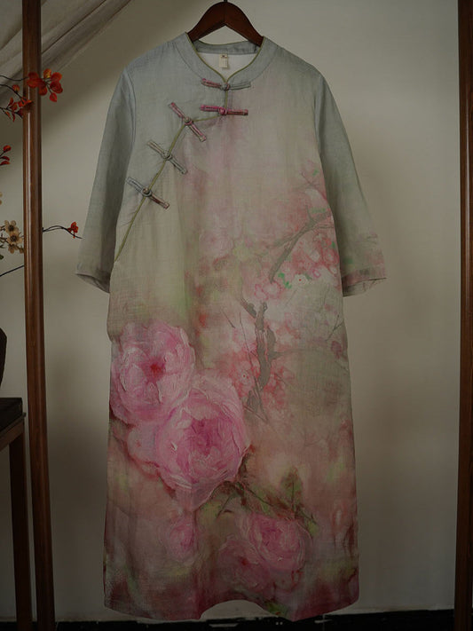 Robe d'été à boucle en ramie à fleurs artistiques pour femmes XX1020